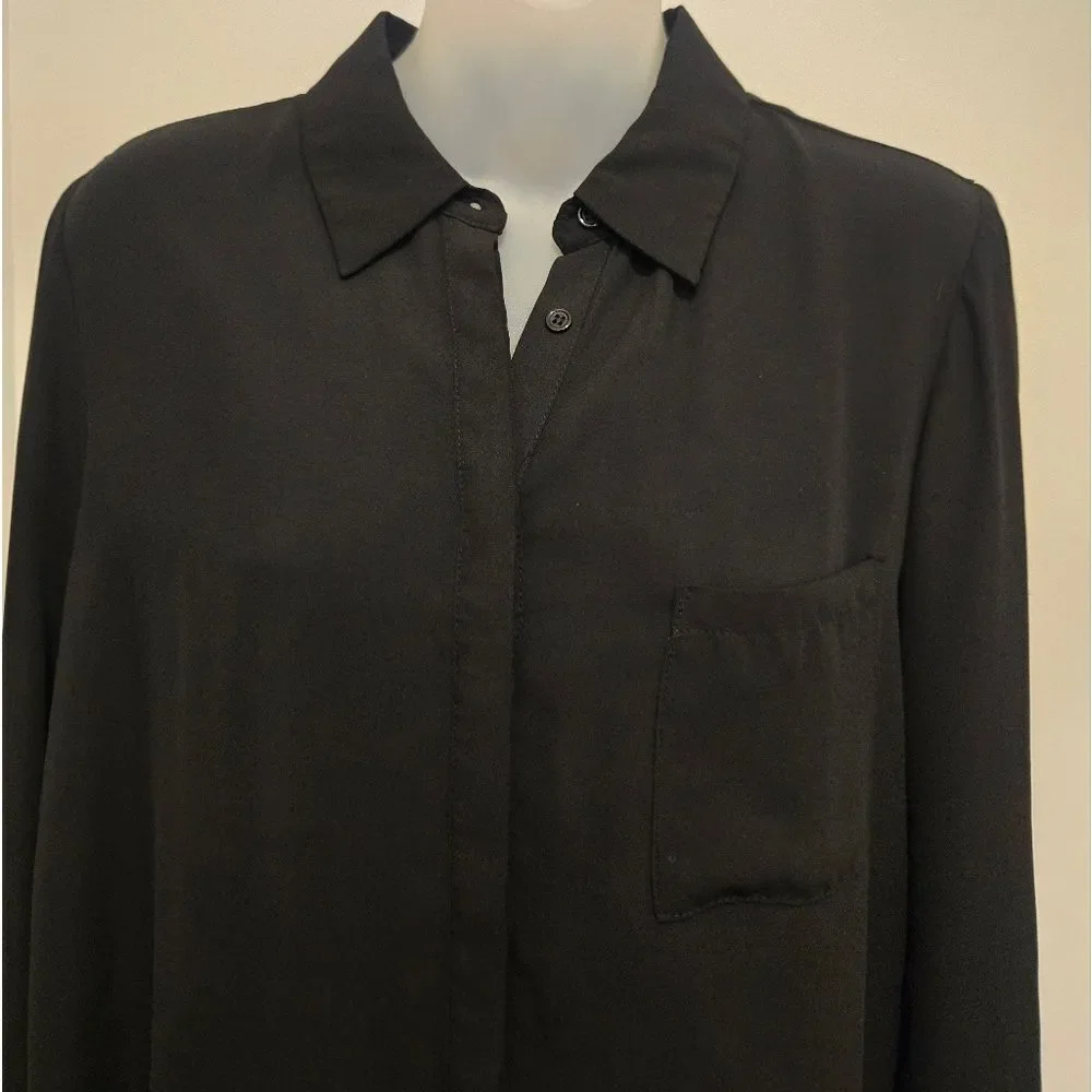 Pleione High Low Black Long Sleeve Button Up Blouse With Back Pleated Detail - Picture 2 of 10